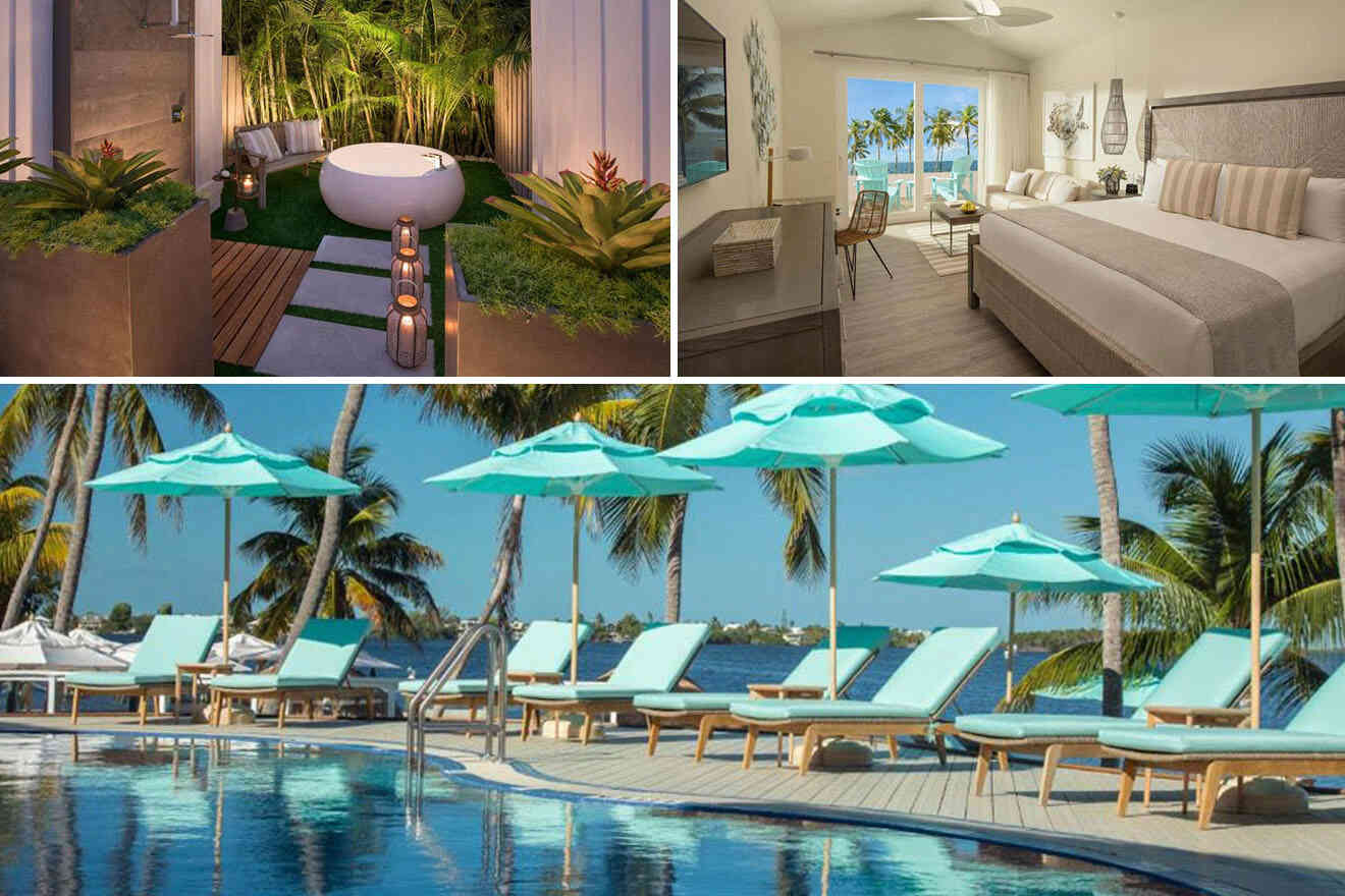 Collage: a white outdoor bathtub amid greenery, a modern hotel room with a bed and seating area, and a poolside view with lounge chairs and turquoise umbrellas overlooking a tropical seascape.