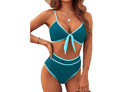 Woman wearing a teal bikini with light blue trim. The top has a front-tie design and the bottoms are high-waisted.