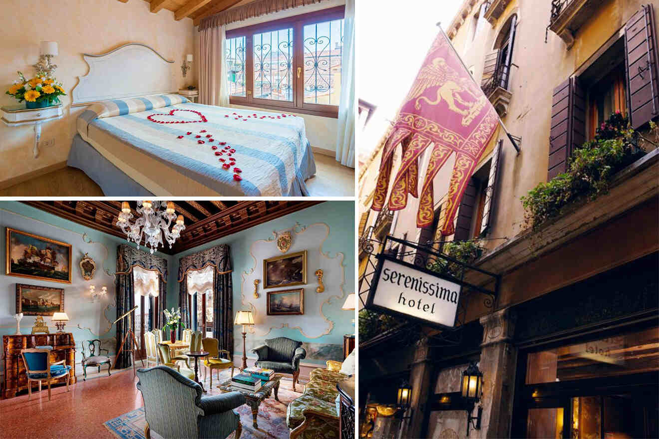 Collage of 3 pics of hotels in San Marco Venice: a bedroom with a heart made of rose petals on the bed, an ornate living room, the exterior of the Serenissima Hotel.