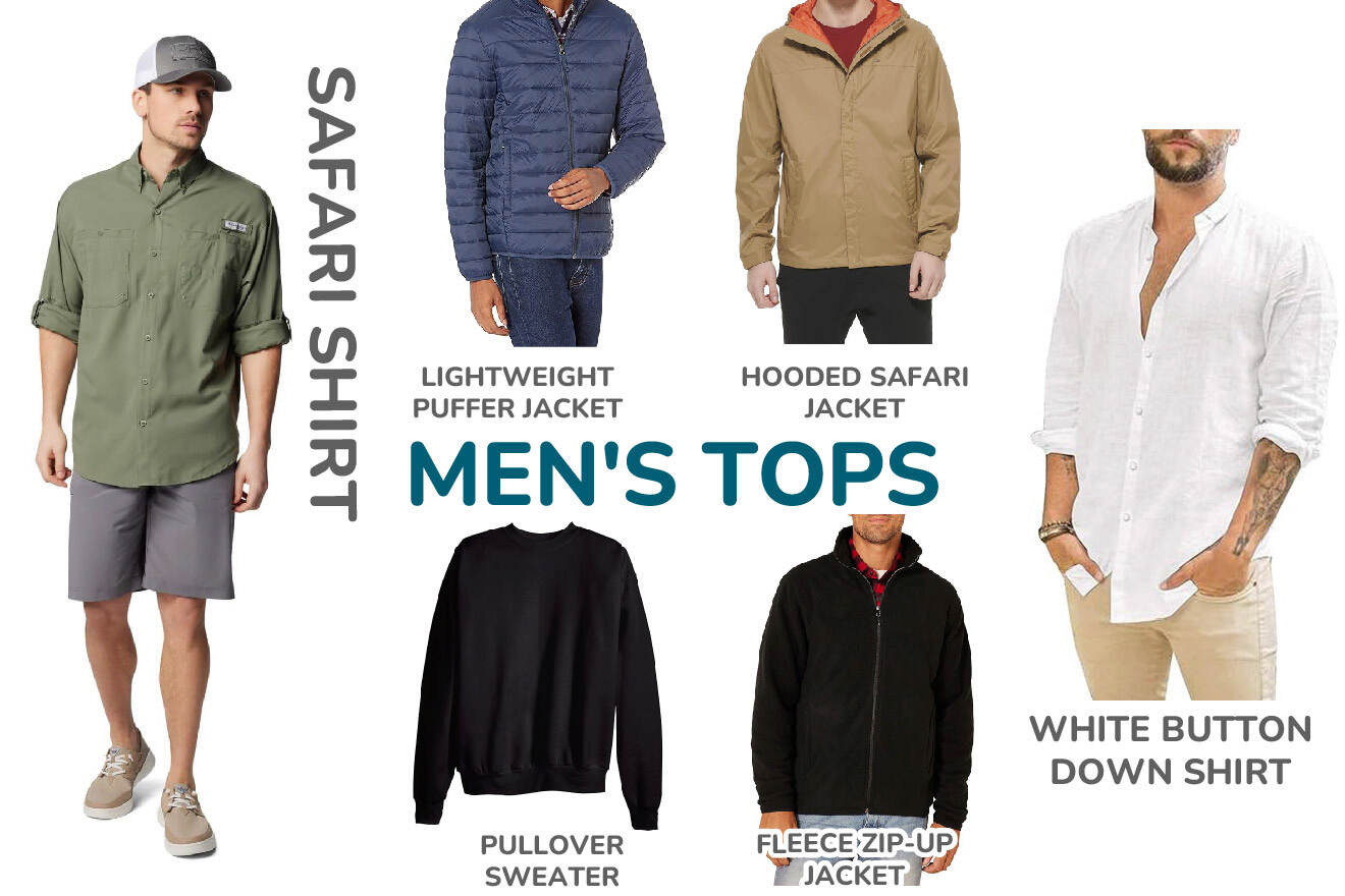 Image featuring various men's tops: a safari shirt, lightweight puffer jacket, hooded safari jacket, white button-down shirt, pullover sweater, and fleece zip-up jacket.