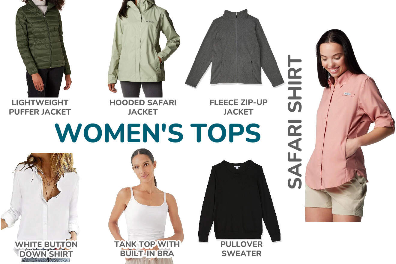 A collection of women's tops including a lightweight puffer jacket, hooded safari jacket, fleece zip-up jacket, white button-down shirt, tank top with built-in bra, pullover sweater, and safari shirt.