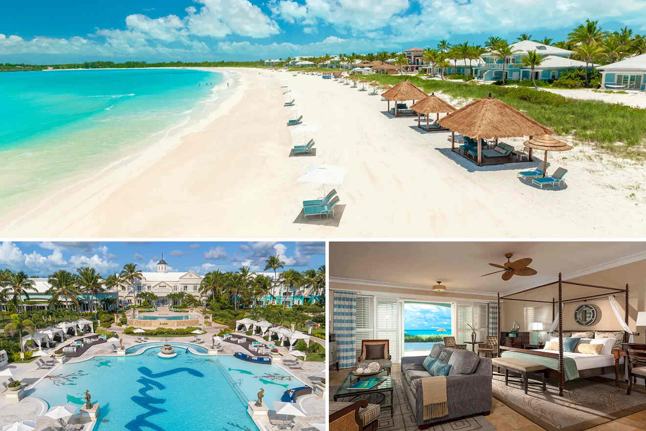 Collage of 3 pics of hotel in Exuma Bahamas: a beach with loungers and straw umbrellas, a resort's pool area with cabanas and loungers, and a well-furnished room with a canopy bed and an ocean view.