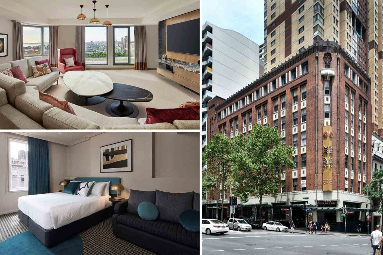 Collage of 3 pics of hotel in Sydney CBD: a living room with large windows, a bedroom with a double bed, and the exterior of a multi-story building.