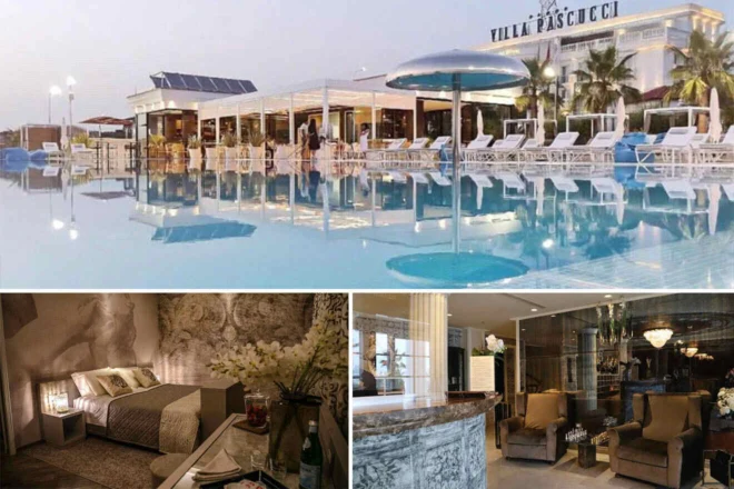 Collage of 3 pics of hotel in Durres: an extensive pool area with sun loungers, an elegant lobby with seating, and a well-decorated bedroom with soft lighting and floral arrangements.