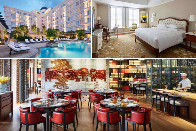 Collage of 3 pics of luxury hotel in Ho Chi Minh: an outdoor pool area with seating, a well-appointed guest room, and a contemporary dining restaurant with a chef visible in the kitchen.