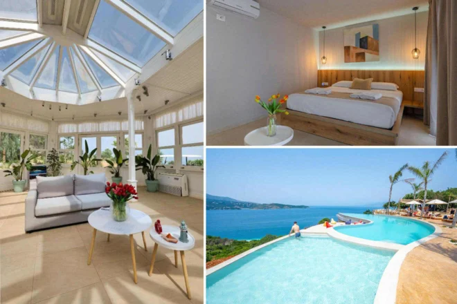 Collage of 3 pics of hotel in Ksamil: bright living room with glass ceiling, couch, and coffee table, a modern bedroom with a large bed and tulips on a side table and infinity pool overlooking the ocean.