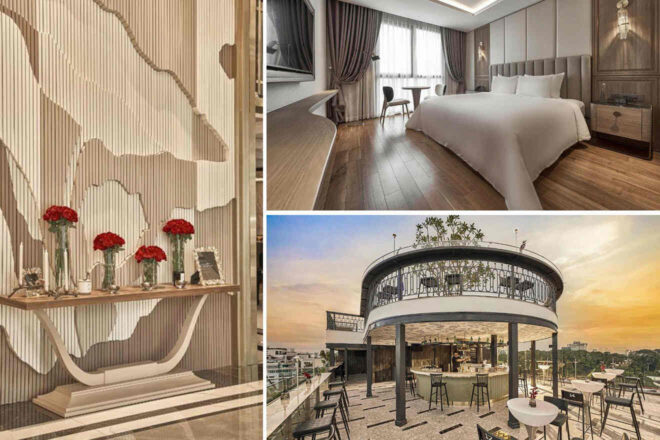 Collage of 3 pics of luxury hotel in Ho Chi Minh: a decorative wall with a console table and flowers, a well-appointed bedroom with modern furnishings, and an outdoor rooftop dining area at sunset.