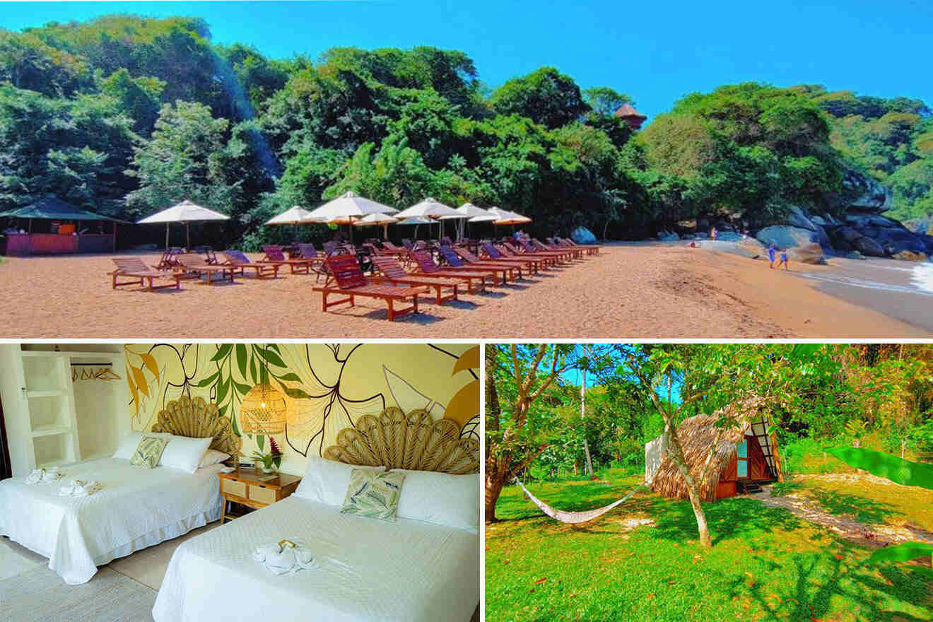 Top image shows a beach with lounge chairs and umbrellas, backed by lush greenery. Bottom left image shows a hotel room with two double beds. Bottom right image shows a hammock outside a wooden hut in a garden.