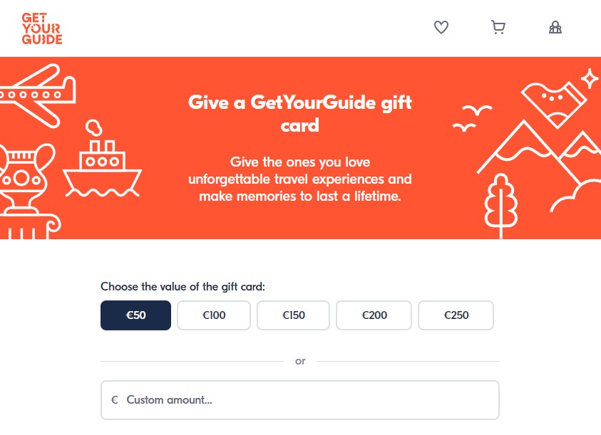 GetYourGuide gift card selection page with options to choose gift card values ranging from €50 to €250 or enter a custom amount.