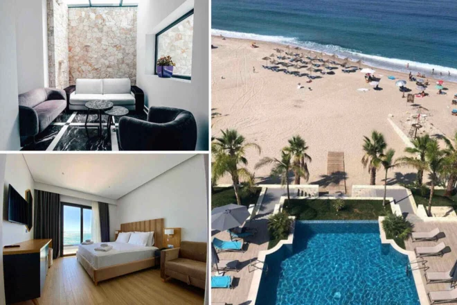 Collage of 3 pics of hotel in Saranda: a beach with umbrellasand a pool area with sun loungers, a modern living room with stone walls, a bedroom with a sea view,