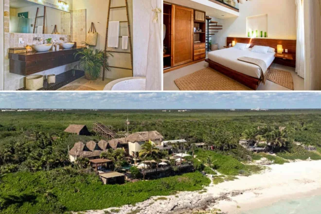 Collage of 3 pics of luxury hotel: a tropical getaway featuring a bathroom with double sinks, a minimalist bedroom, and an aerial view of a beachfront resort surrounded by greenery.