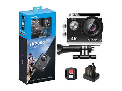 The image displays the AKASO EK7000 4K action camera with its packaging, a remote control, a mount, and a battery.