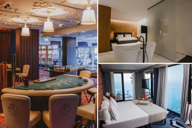 Collage of 3 pics of hotel in Vlora: a casino room with slot machines and a card table, a modern bedroom with a freestanding bathtub, and a hotel room with a bed by large windows overlooking the sea.
