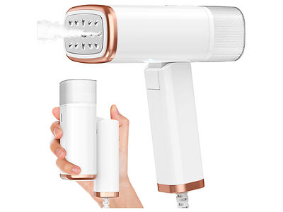 A handheld white and copper-colored garment steamer is shown, with one image displaying it in use and another displaying a person holding the water tank.