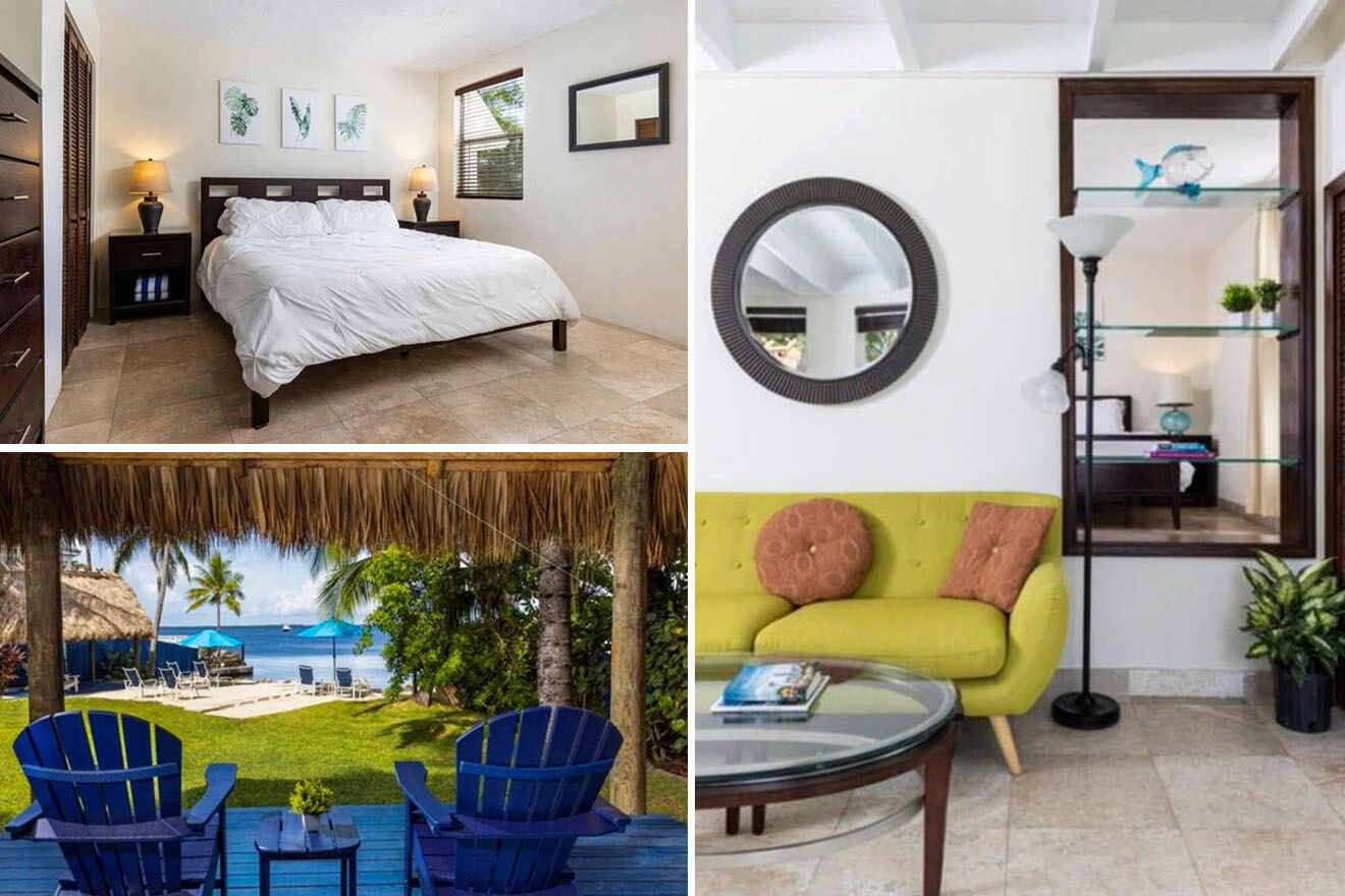 Collage of 3 pics of hotel in Key Largo: a bedroom with a large bed, a living room with a yellow sofa and glass lamp, and an outdoor scene with two blue chairs facing the beach under a thatched roof.