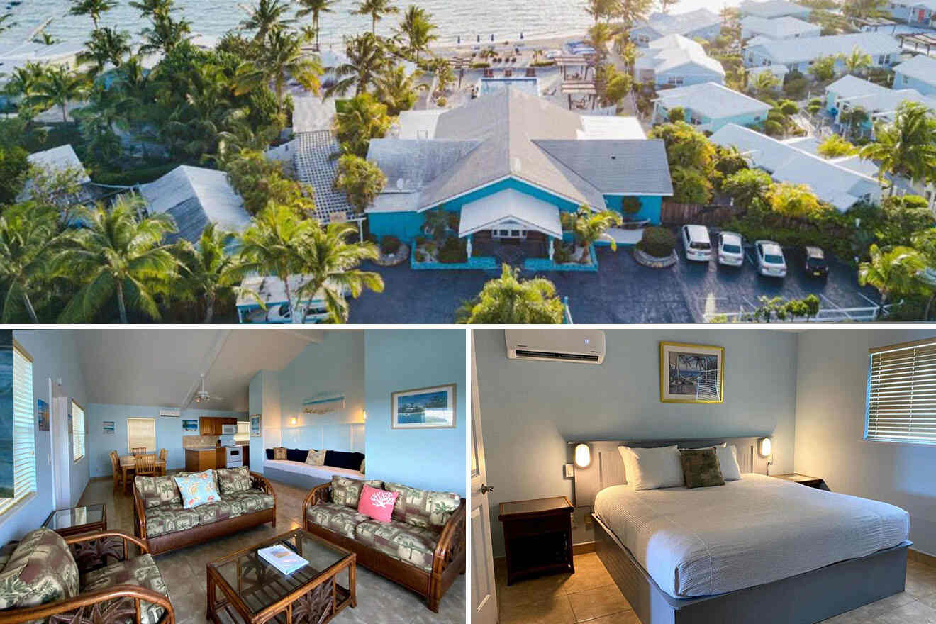 Collage of 3 pics of hotel in Exuma Bahamas: a tropical beachside resort with palm trees and blue buildings. Two ground-level interior views show a living area with wicker furniture and a bedroom with a large bed.