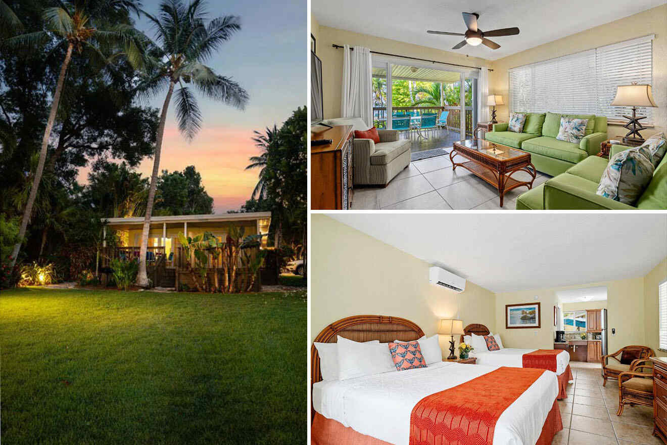 Collage of 3 pics of hotel in Key Largo: a backyard with a house at sunset, a living room with green sofas and a ceiling fan, and a bedroom with two double beds and a small sitting area.