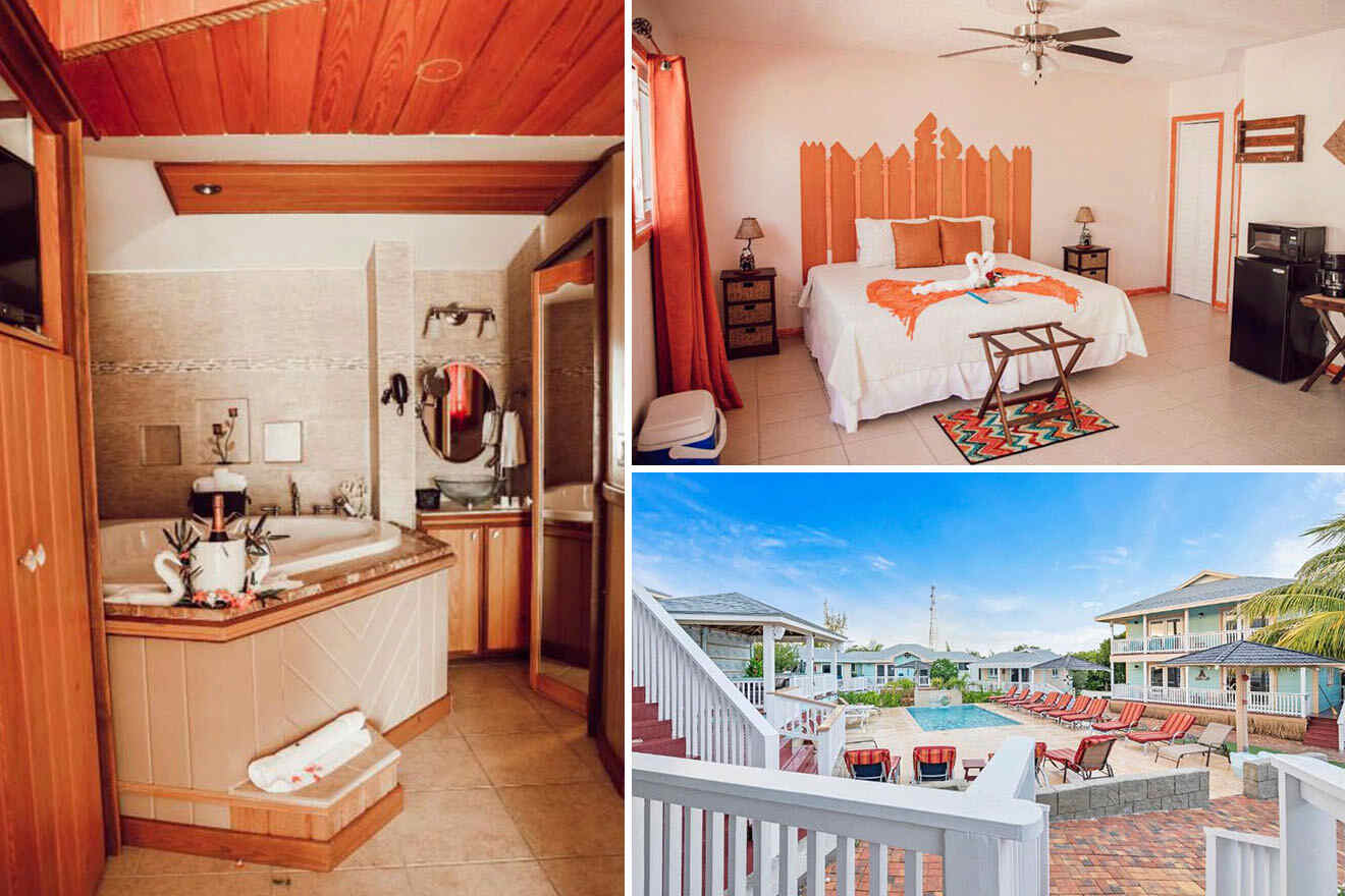 Collage of 3 pics of hotel in Exuma Bahamas: a bathroom with wooden accents, a bedroom with a double bed, and an outdoor pool area with sun loungers and buildings in the background.
