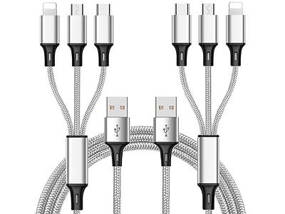 A set of three silver braided charging cables featuring different connectors: Lightning, micro USB, and USB-C, displayed against a white background.