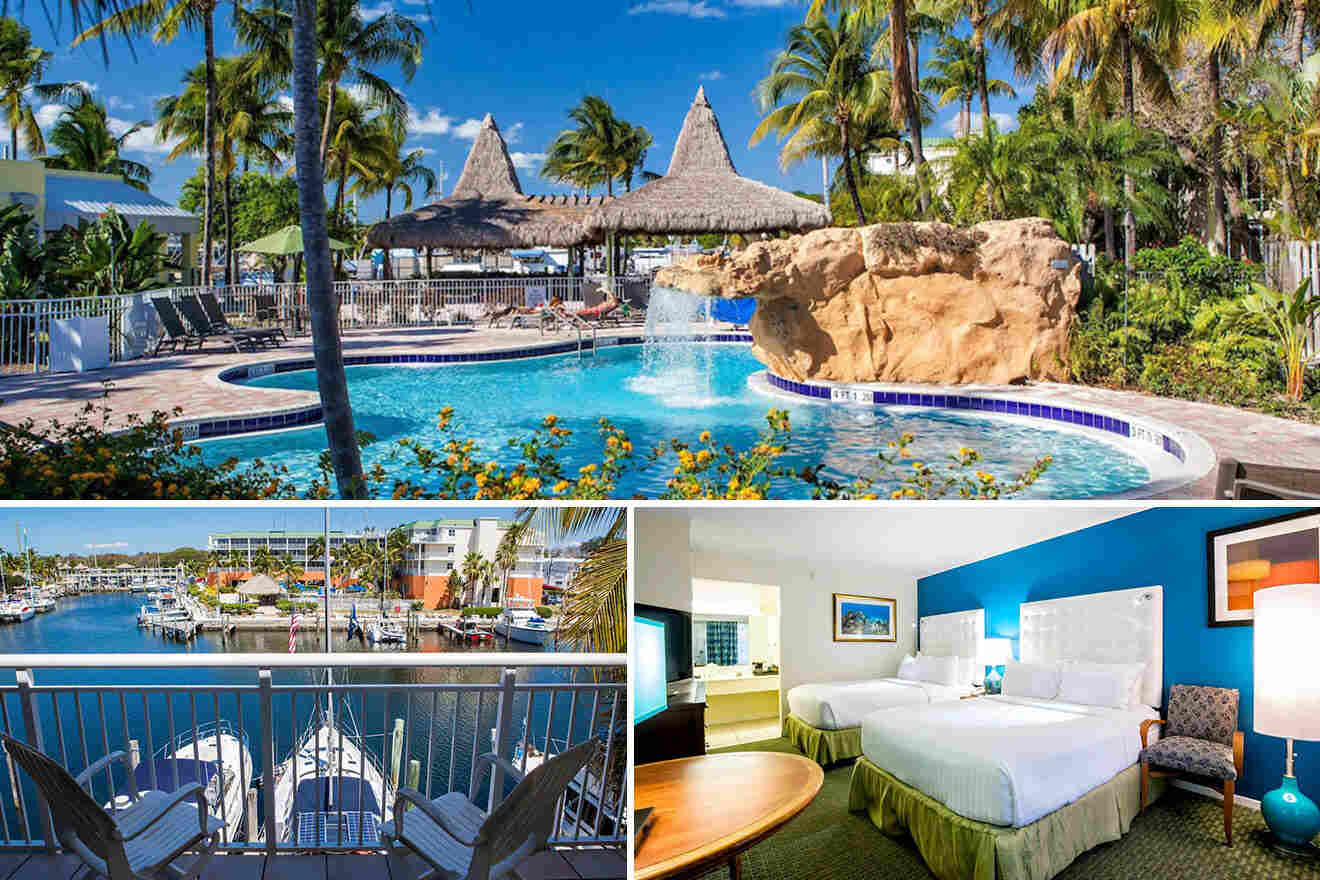 Collage of 3 pics of hotel in Key Largo: a pool and palm trees, marina with docked boats, and a hotel room with two beds, blue accent wall, and a seating area.