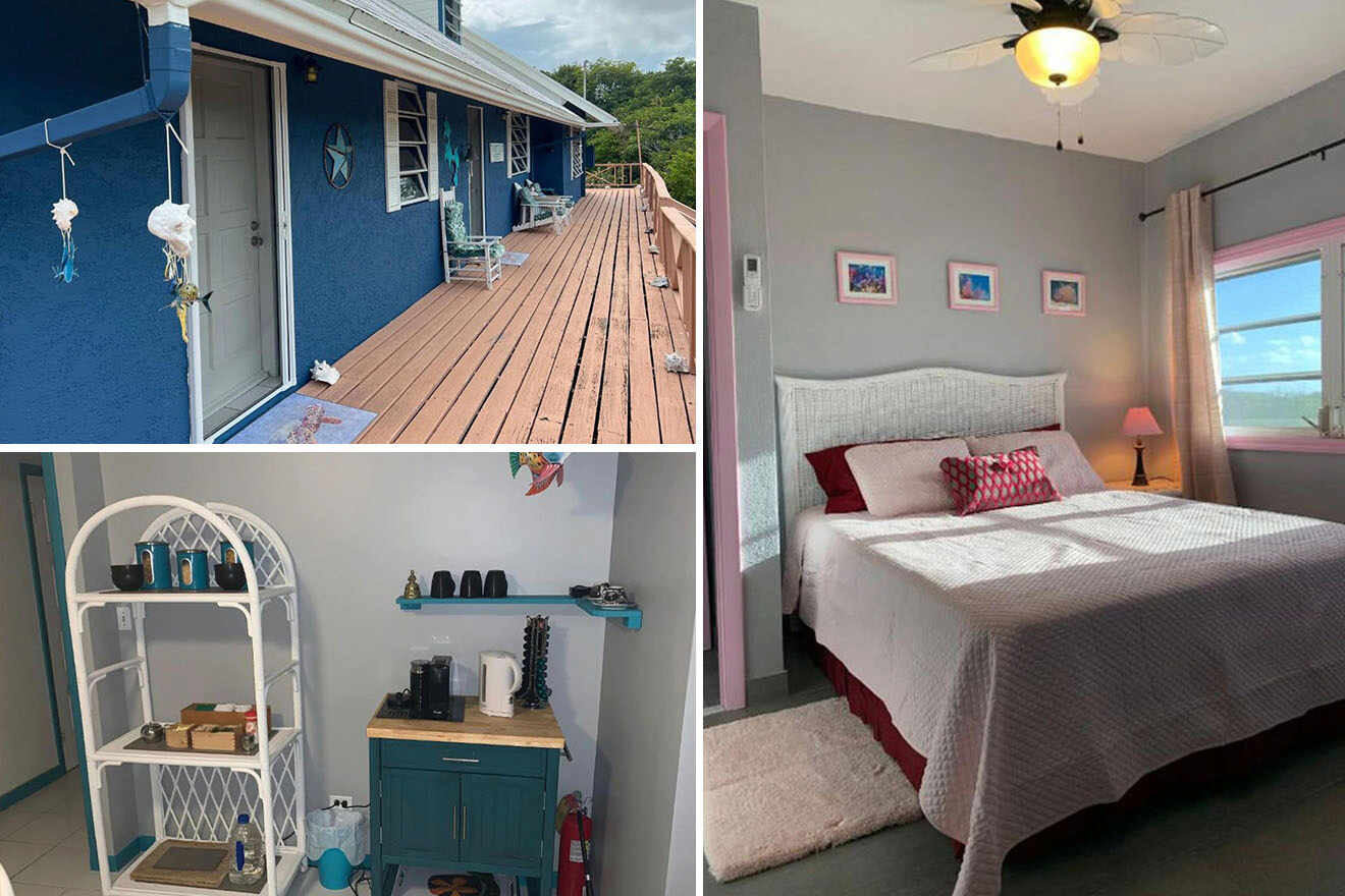 Collage of 3 pics of hotel in Exuma Bahamas: a house including a wooden deck with blue walls, a grey bedroom with a large bed, and a room corner with a white shelf holding kitchen items.