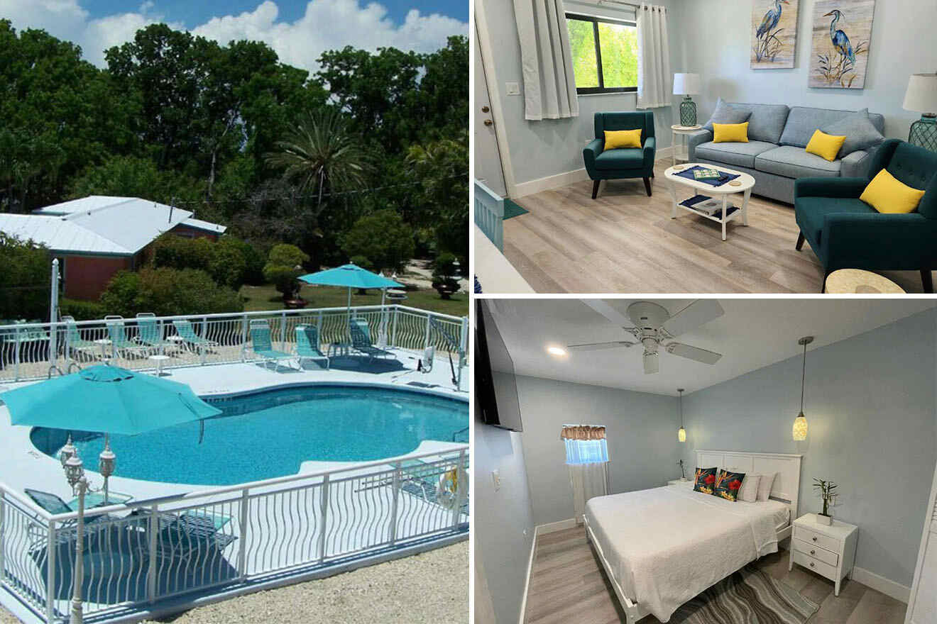 Collage of 3 pics of hotel in Key Largo: a house surrounded by trees, a swimming pool with lounge chairs and umbrellas, and two interiors—a living room with seating and a bedroom with a bed and ceiling fan.