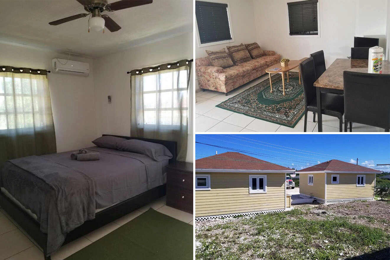 Collage of 3 pics of hotel in Exuma Bahamas: a bedroom with a bed, nightstand, and ceiling fan; a living room with a sofa, coffee table, and dining table; an exterior view of adjoining yellow houses on a dirt plot.