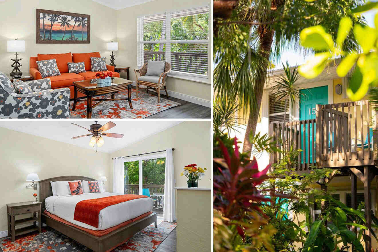Collage of 3 pics of hotel in Key Largo: a brightly colored living room, a cozy bedroom, and an exterior view of a house surrounded by lush greenery and tropical plants.