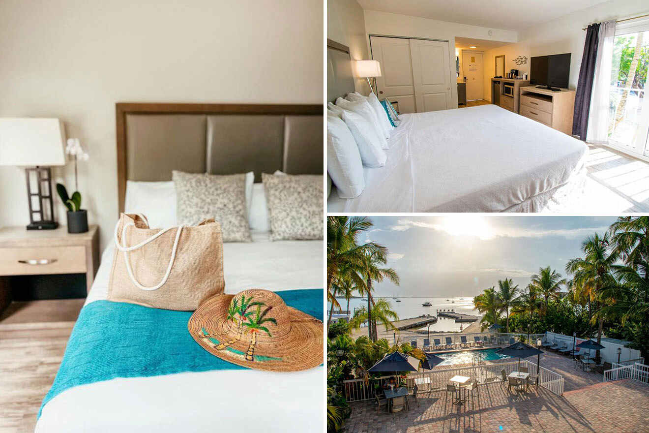 Collage of 3 pics of hotel in Key Largo: a hotel room with a bed and straw hat on a turquoise throw, a spacious bedroom with balcony access, and a pool area with palm trees overlooking the ocean.