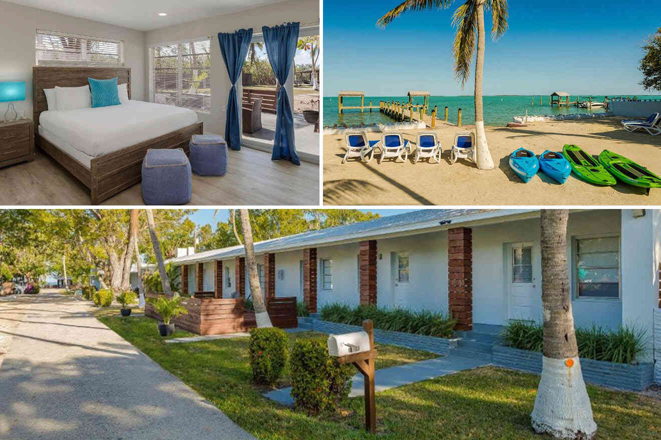Collage of 3 pics of hotel in Key Largo: a well-lit bedroom with a large bed, blue accents, and glass doors, a beach with kayaks, lounge chairs, and a pier, and a row of single-story cottages with greenery and a walkway.