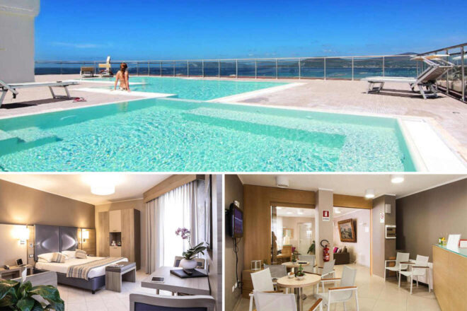 Collage of 3 pics of luxury hotel: a rooftop pool with a scenic view, a modern bedroom featuring a double bed and desk, and a small dining area with tables and chairs in a hotel.