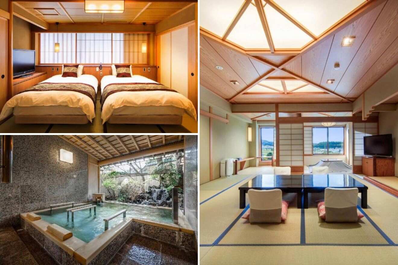 A collage of three hotels with onsen photos to stay in Mt Fuji: a warm, traditional room with wooden accents, a private indoor onsen, and a spacious dining area with a view of the landscape.