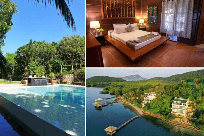 Collage of 3 pics of luxury hotel: a pool area, a bedroom with wooden decor, and an aerial view of a seaside property with green hills in the background.