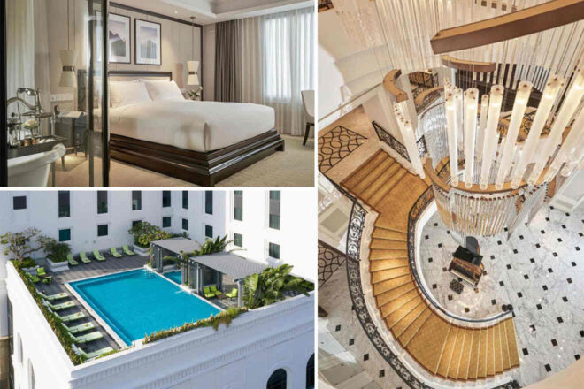 Collage of 3 pics of luxury hotel in Ho Chi Minh: a spacious bedroom, a rooftop pool with lounge chairs, and a grand spiral staircase with a chandelier.
