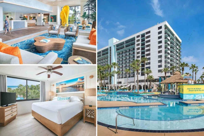 Collage of 3 pics of hotel: a hotel lobby with seating, a white-walled exterior of a multi-story building, a bedroom with bed and TV, and a pool area with a bar and lounge chairs under umbrellas.