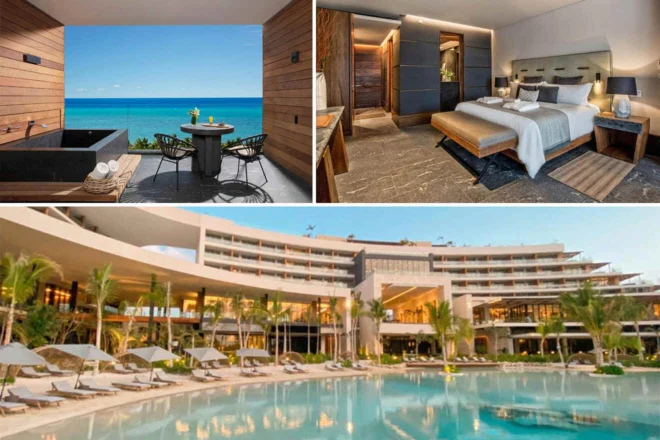 Collage of 3 pics of hotel in Playa del Carmen: a view of the ocean from a balcony, a modern bedroom, and the exterior with a large swimming pool surrounded by sun loungers.