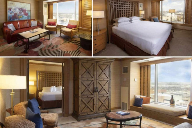 Collage of 3 pics of hotel in Downtown Albuquerque: top left shows a living area with red sofa and two chairs, top right shows a bedroom with a large bed and window, and bottom image shows a sitting area with a rustic armoire and window.