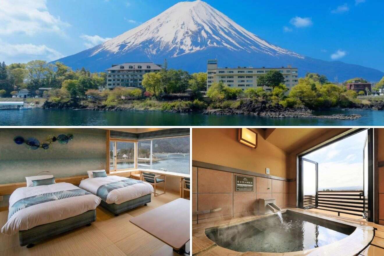 A collage of three hotels with onsen photos to stay in Mt Fuji: a picturesque view of Mt Fuji from the lake, a cozy twin bedroom with modern furnishings, and a private indoor onsen with a scenic window view.