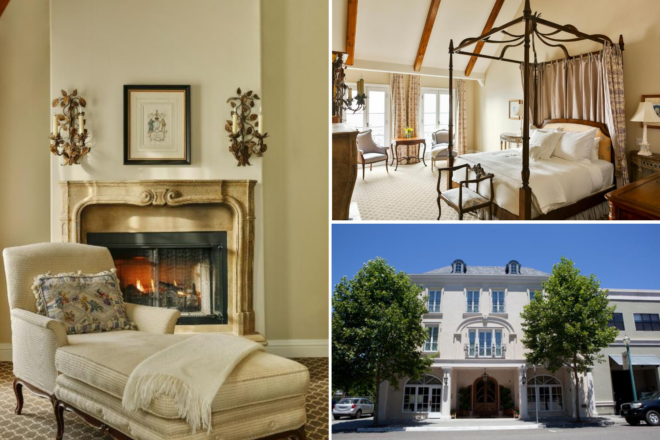 A collage of three hotel photos to stay in Sonoma: an elegant room with a chaise lounge in front of a fireplace, a luxurious bedroom with a four-poster bed, and an exterior view of a grand hotel building with trees in front.