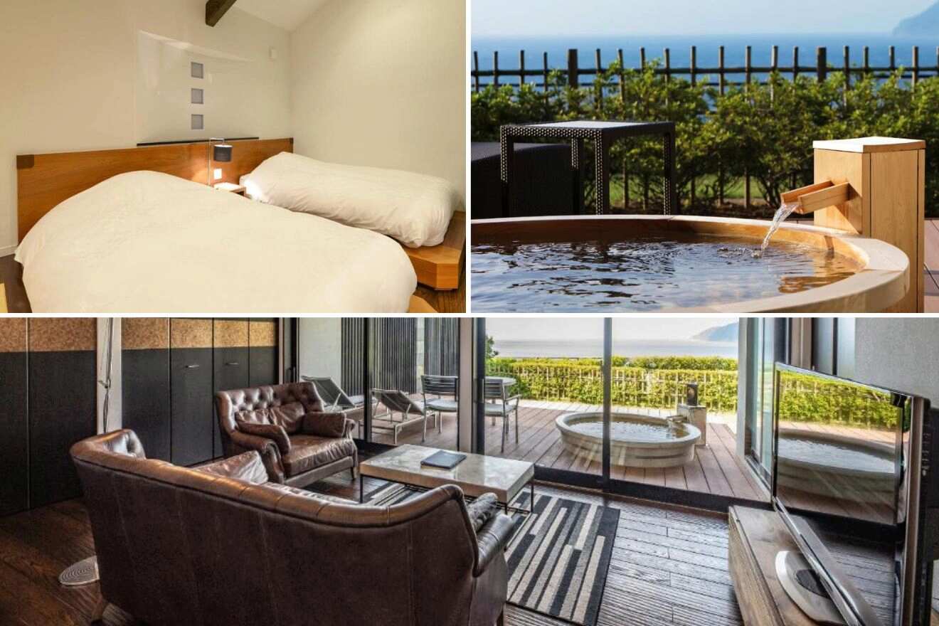 A collage of three hotels with onsen photos to stay in Mt Fuji: a rustic, relaxing room with leather seating, a private outdoor onsen with a view, and a simple, bright twin bedroom.