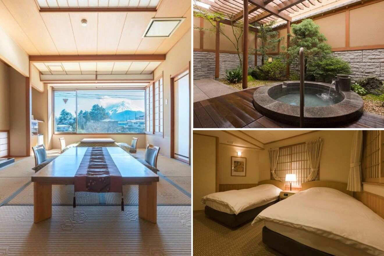 A collage of three hotels with onsen photos to stay in Mt Fuji: a traditional tatami room with a low dining table, a cozy twin bedroom, and an outdoor onsen with a wooden deck.