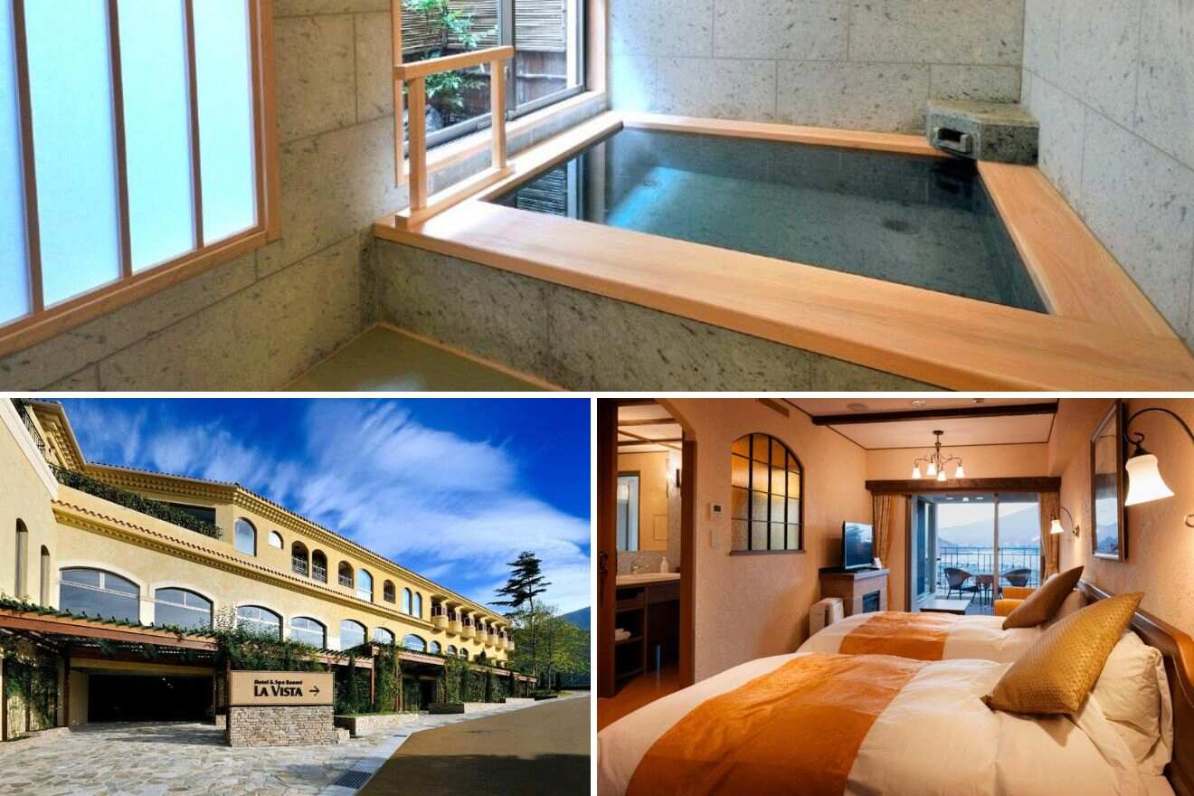 A collage of three hotels with onsen photos to stay in Mt Fuji: s a spacious indoor onsen with stone walls, a Mediterranean-style exterior, and a cozy twin bedroom with warm tones.