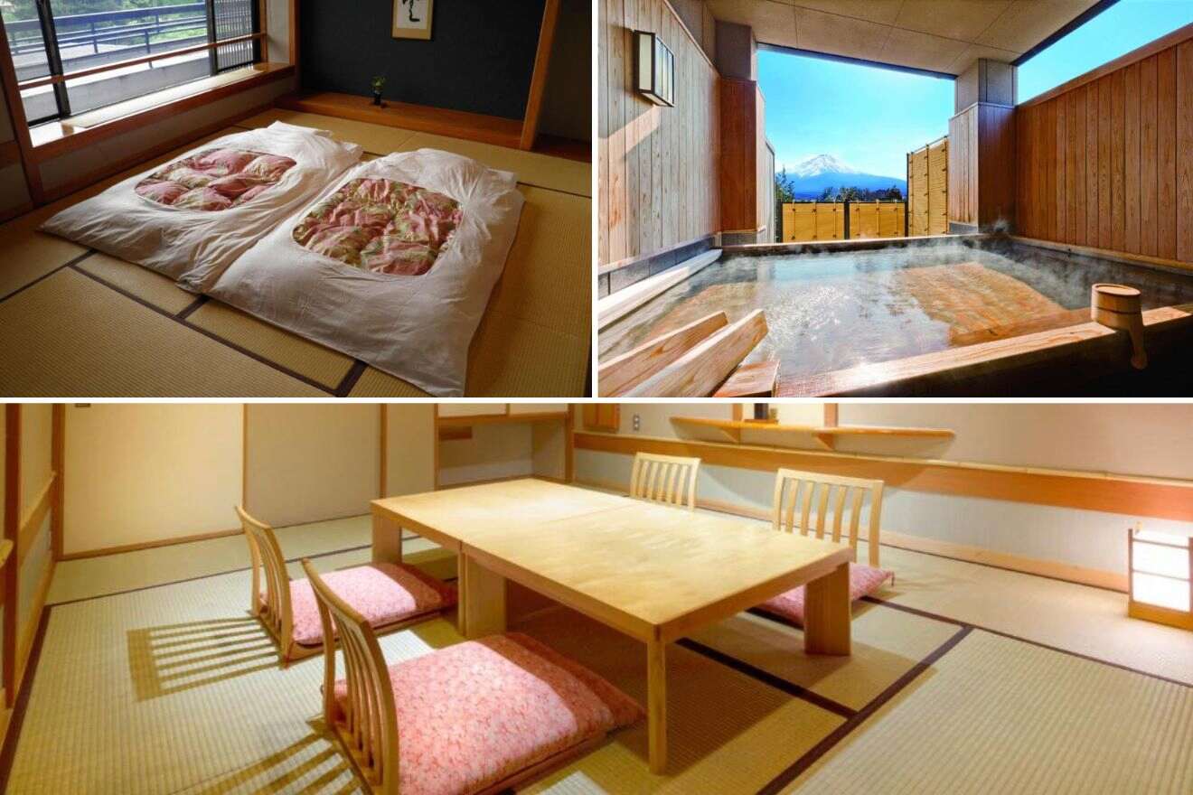 A collage of three hotels with onsen photos to stay in Mt Fuji: a traditional futon bedding in a tatami room, an outdoor onsen with a wooden fence, and a minimalist dining area with low seating.