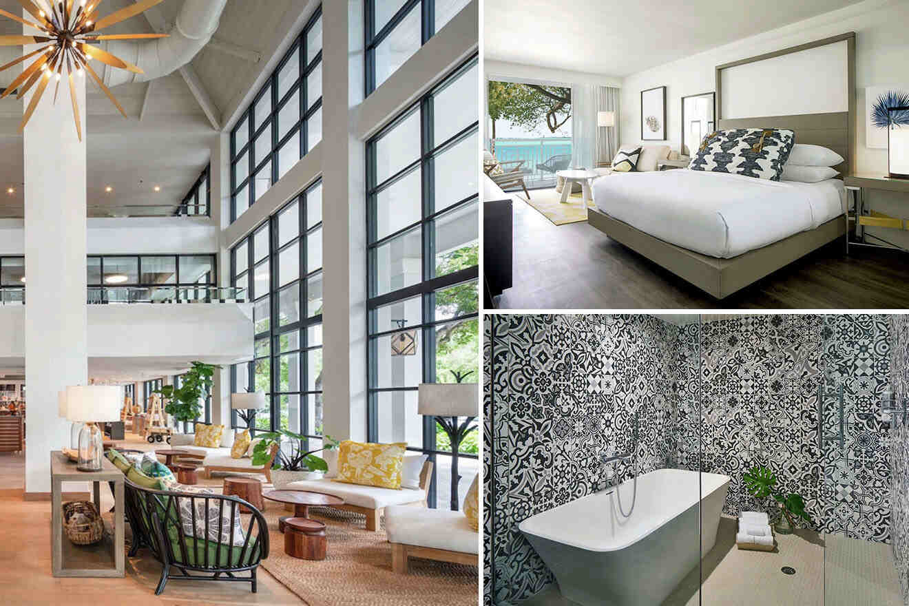 Collage of 3 pics of hotel in Key Largo: a spacious lobby with large windows, a bedroom with contemporary decor and a view, and a bathroom with a clawfoot tub and patterned tiles.