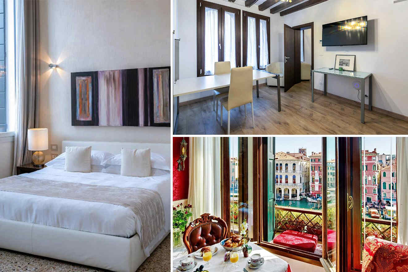 Collage of 3 pics of hotels in San Polo Venice: a bedroom with modern decor, a dining area with a TV, and a balcony with a table set for breakfast overlooking colorful buildings.