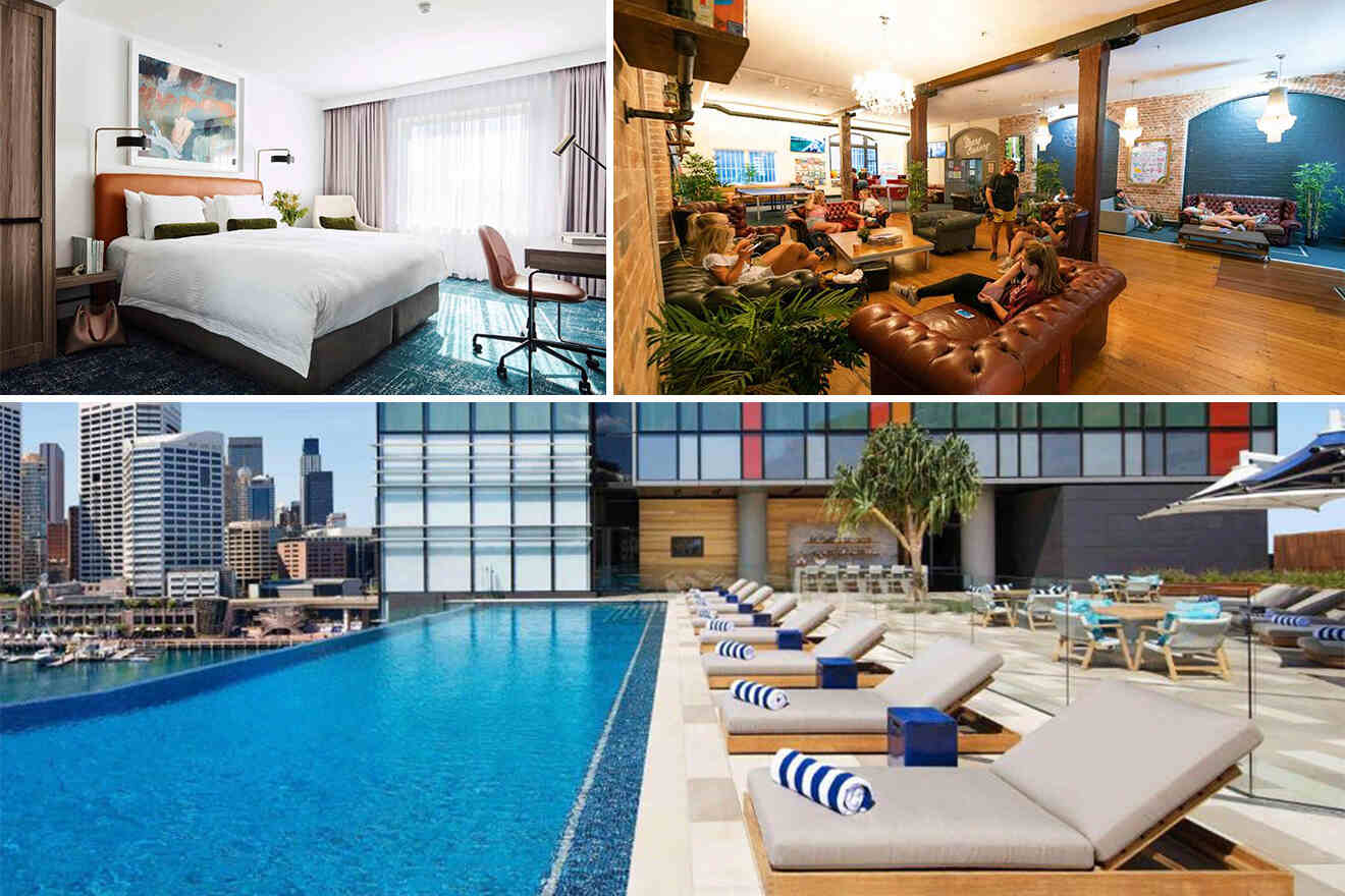 Collage of 3 pics of hotel in Darling Harbour Sydney: a hotel room with a double bed, a lounge area with people sitting on sofas, an outdoor pool with city views, and a poolside area with sun loungers and towels.