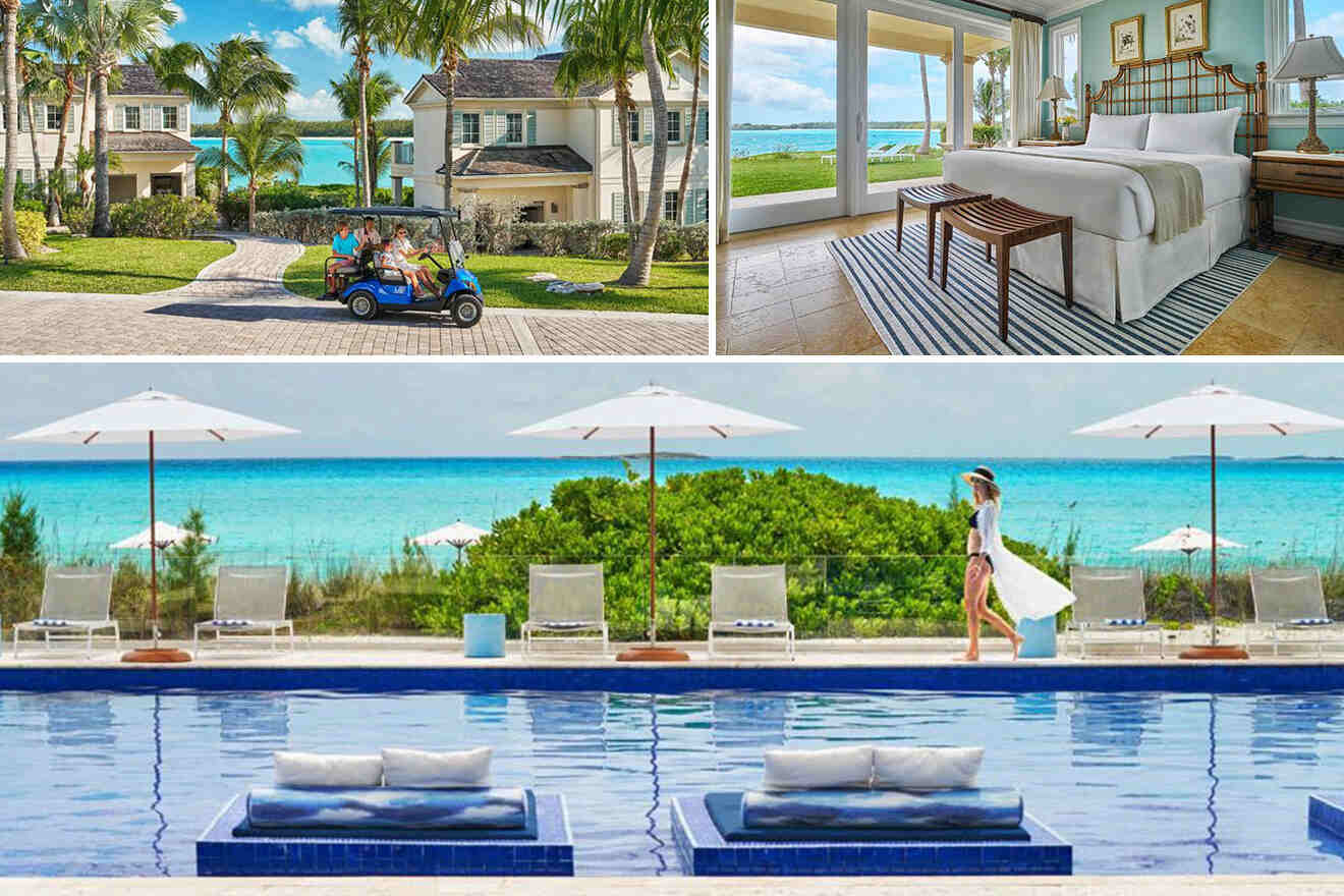 Collage of 3 pics of hotel in Exuma Bahamas: a family riding a golf cart, a bedroom overlooking the ocean, and a woman walking by a pool with umbrellas and lounge chairs. Blue ocean visible in all scenes.