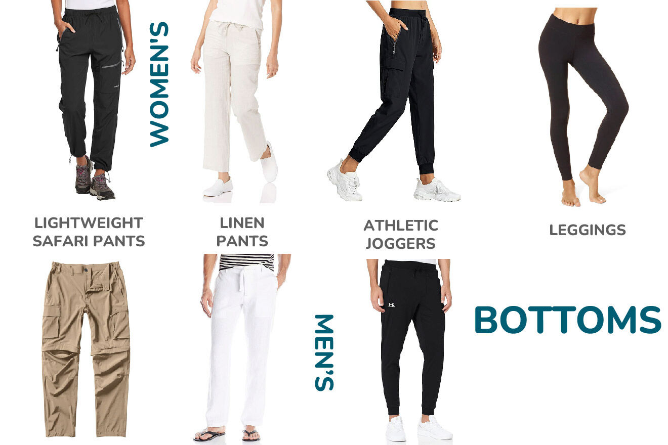 A selection of women's and men's bottoms including lightweight safari pants, linen pants, athletic joggers, and leggings, displayed in various colors such as black, beige, and white.