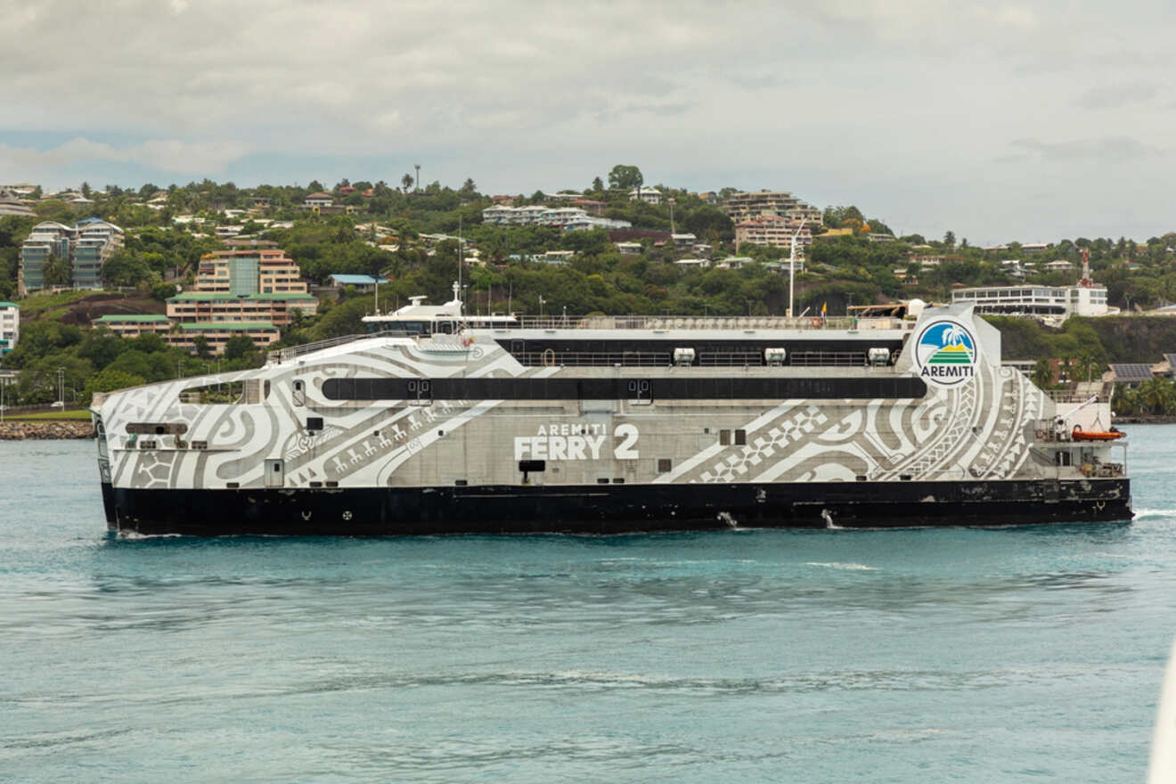 The Aremiti Ferry 2 docked at a terminal, displaying its detailed exterior designs.