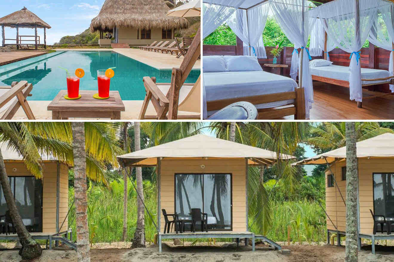 Top-left: Poolside with drinks at a tropical resort. Top-right: Canopied bed inside a room with open-air views. Bottom: Row of elevated thatched-roof huts surrounded by palm trees.